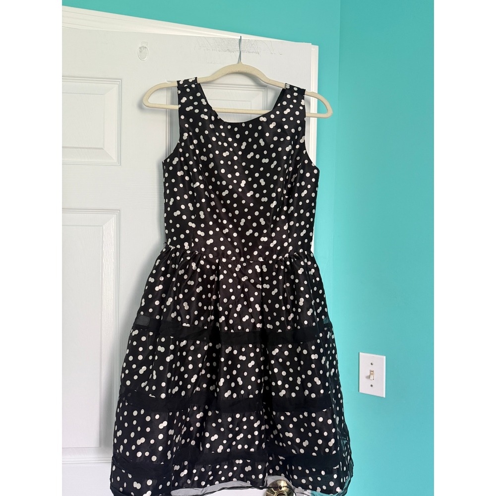 Taylor Black White Polka Dot Tiered Mesh Stripe Fit Flare Dress Size 4